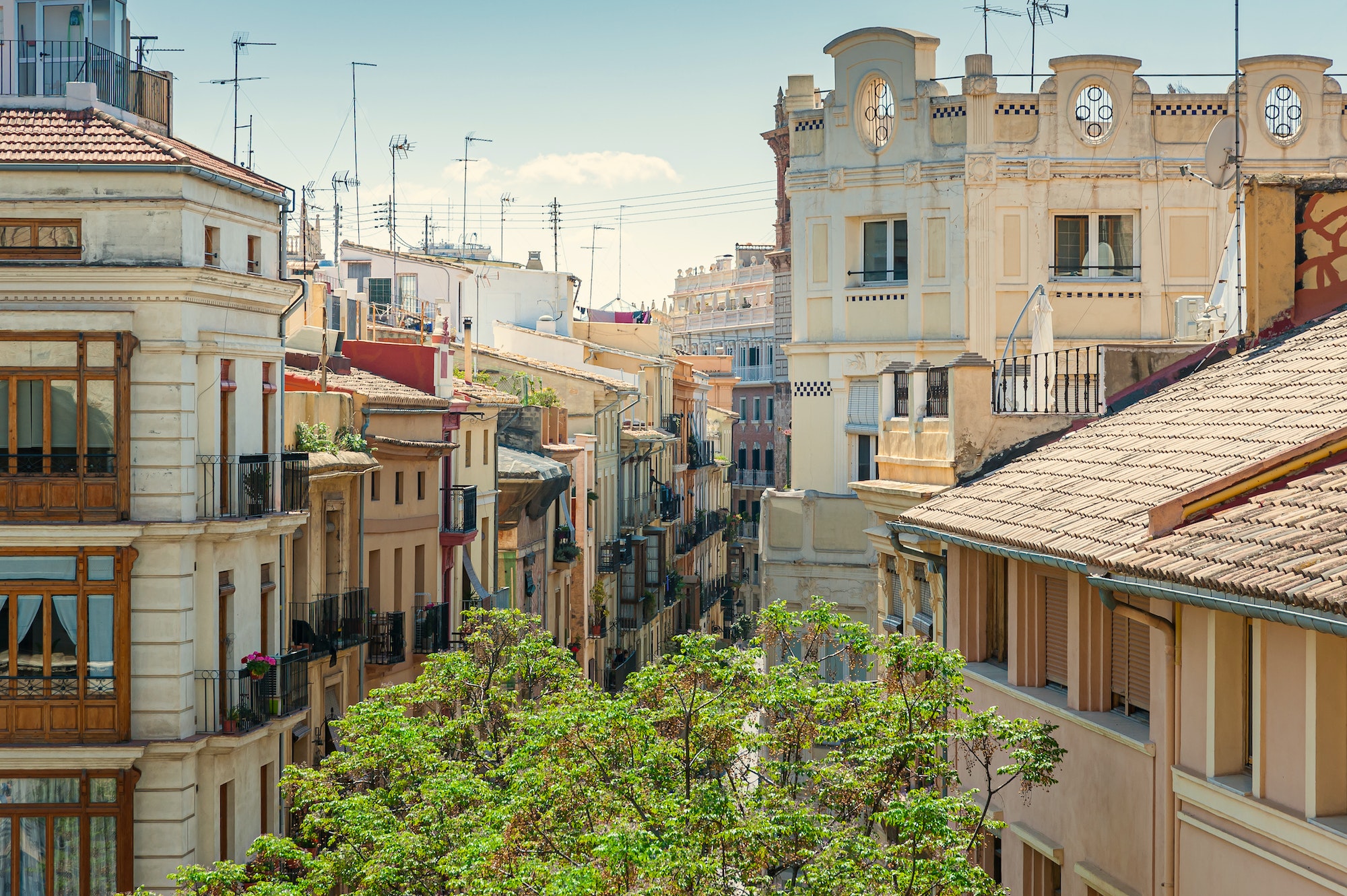 View at Valencia downtown with rooftops of residential dwellings. Valencia downtown. Spain. Europe.