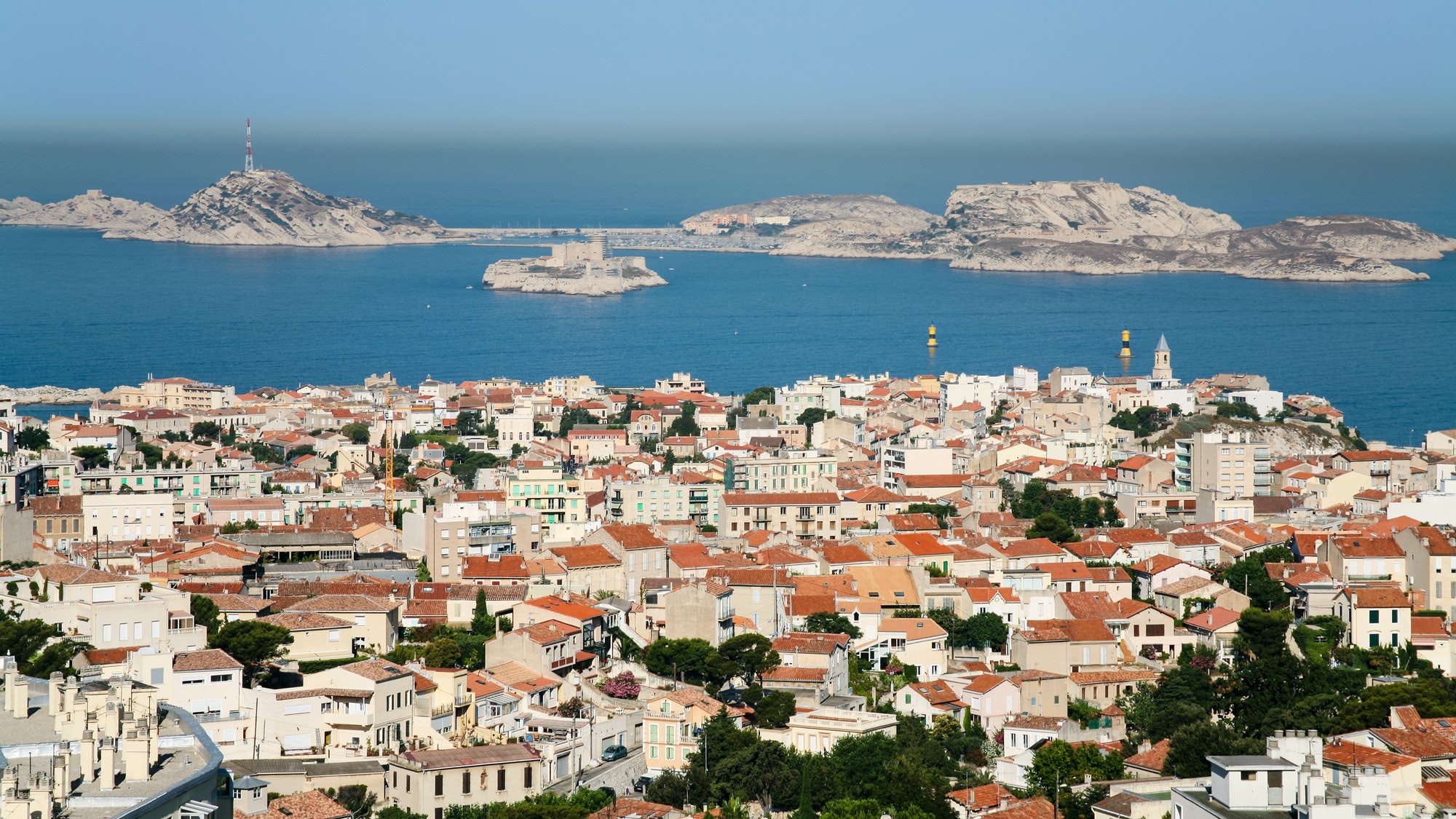above view Marseilles city and chateau d'if island